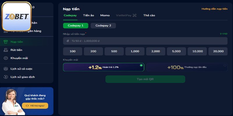 Các bước gửi vốn qua phương thức Codepay